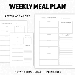 Weekly Meal Planner, Printable Meal Tracker, Food Diary, Weekly Menu, Cooking Goals, Grocery List, Meal Prep, A4, A5, PDF, Digital Download