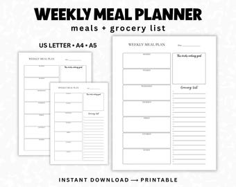 Weekly Meal Planner Printable, Meal Plan and Grocery List, 7 Day Menu Planner, A4 A5 Letter PDF