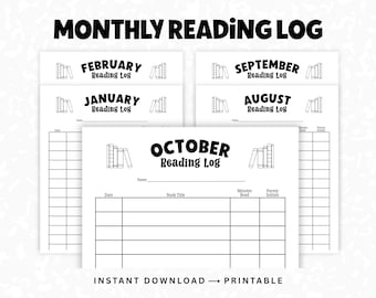 Printable Reading Log Bundle Jan–Dec, Kids Monthly Reading Tracker, Book Log for Students, Parents & Teachers, PDF Instant Download
