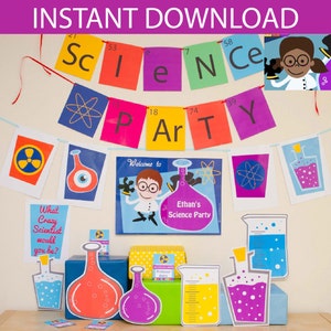 Science Party Decorations & Props Printable Kit INSTANT DOWNLOAD Girl Brown Hair and Dark Skin image 1