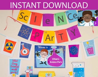 Science Party Decorations & Props Printable Kit - INSTANT DOWNLOAD - Girl Brown Hair and Dark Skin
