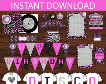 Disco Party Birthday DIY Printable Kit  - Sliver & Pink - INSTANT DOWNLOAD
