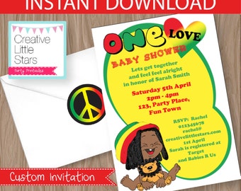reggae, one love baby shower Invitation - Editable Instant Download - 5"x7" Invite and 2" circles