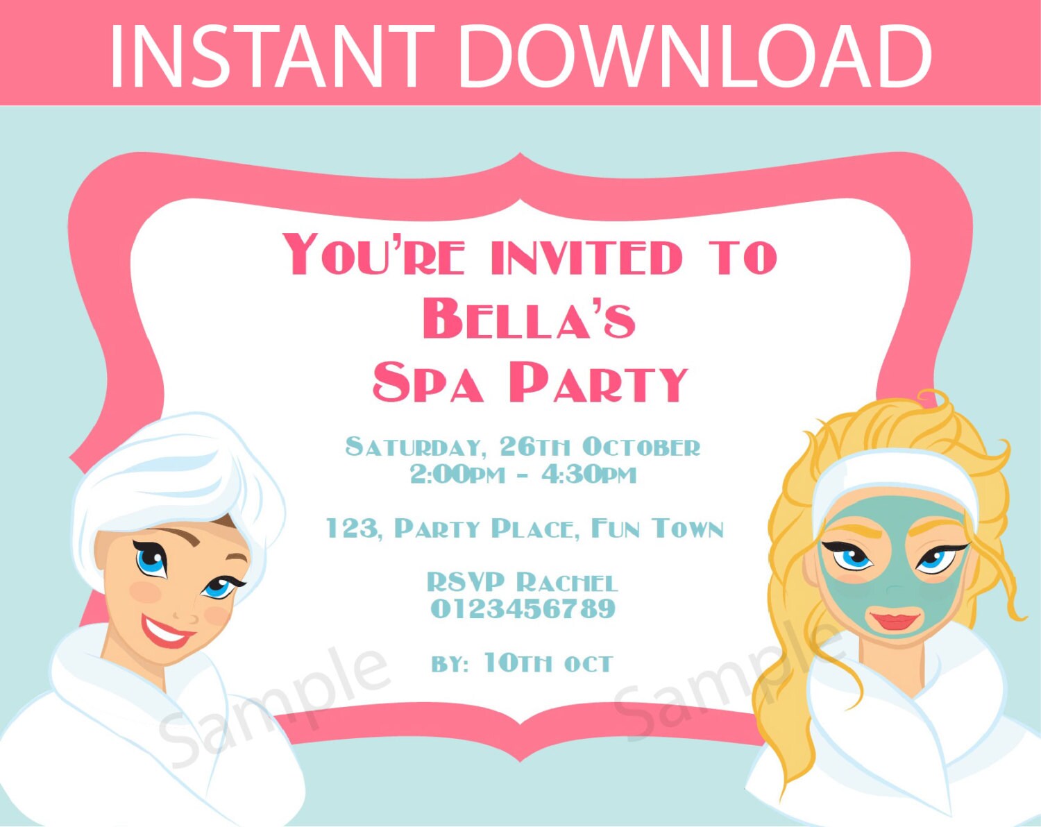 Spa party printable invitation INSTANT DOWNLOAD Etsy