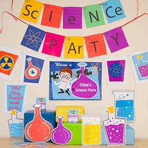 Science Party Decorations & Props Printable Kit INSTANT DOWNLOAD Girl Brown Hair and Dark Skin image 2