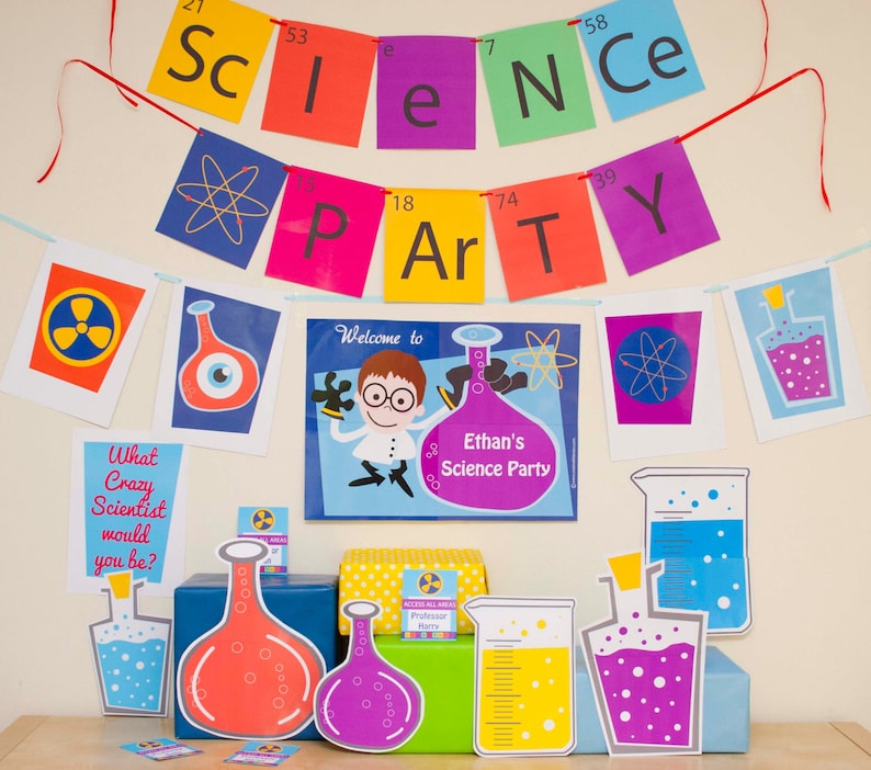 Science Party Decorations & Props Printable Kit INSTANT DOWNLOAD Girl Brown Hair and Dark Skin image 2