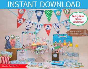 Teddy Bears Picnic Party EDITABLE  Stationery Collection (Boys Colours)
