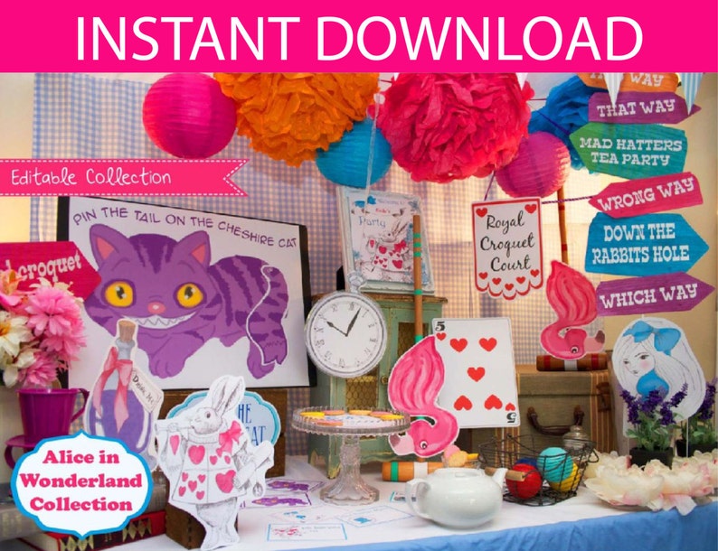 INSTANT DOWNLOAD Alice in Wonderland Party Props /& Games Printable Kit
