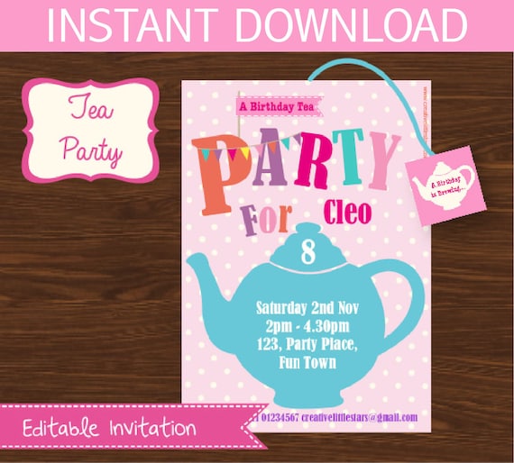 Tea Party Invitation DIY Printable Kit INSTANT DOWNLOAD by CreativeLittleParties Catch My
