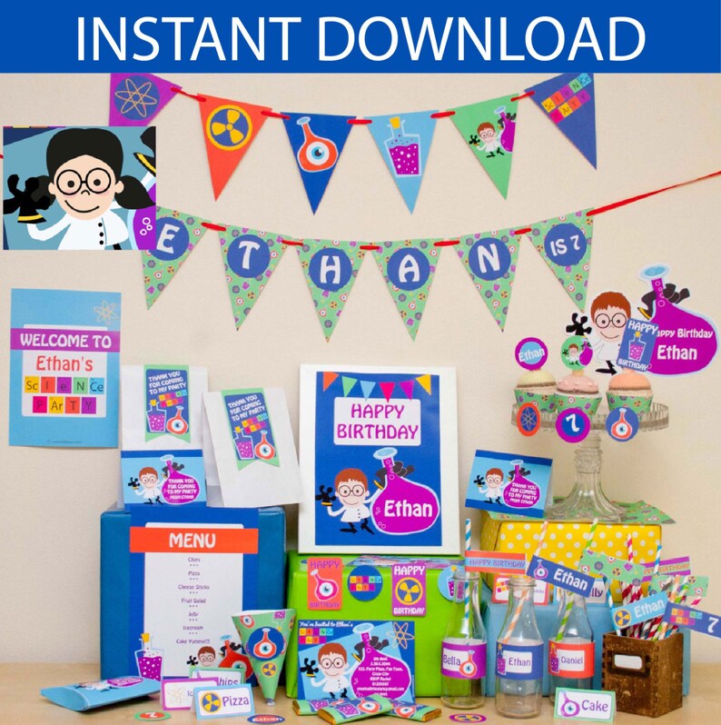 Science Party DIY Printable Kit INSTANT DOWNLOAD Girl Black Hair image 1