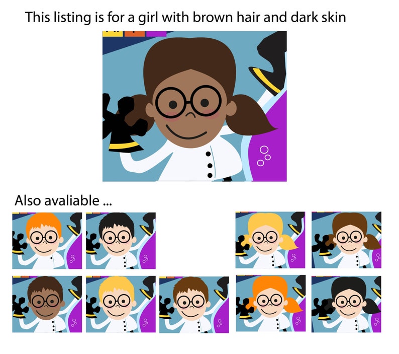 Science Party Decorations & Props Printable Kit INSTANT DOWNLOAD Girl Brown Hair and Dark Skin image 5