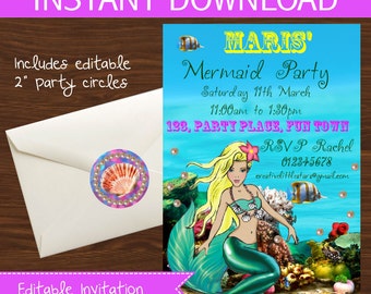Mermaid invitations DIY Printable - INSTANT DOWNLOAD -