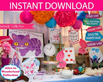 Alice in Wonderland Party Decorations  & Games Printable Kit INSTANT DOWNLOAD mad hatters teaparty, wonderland party, alicewonderland