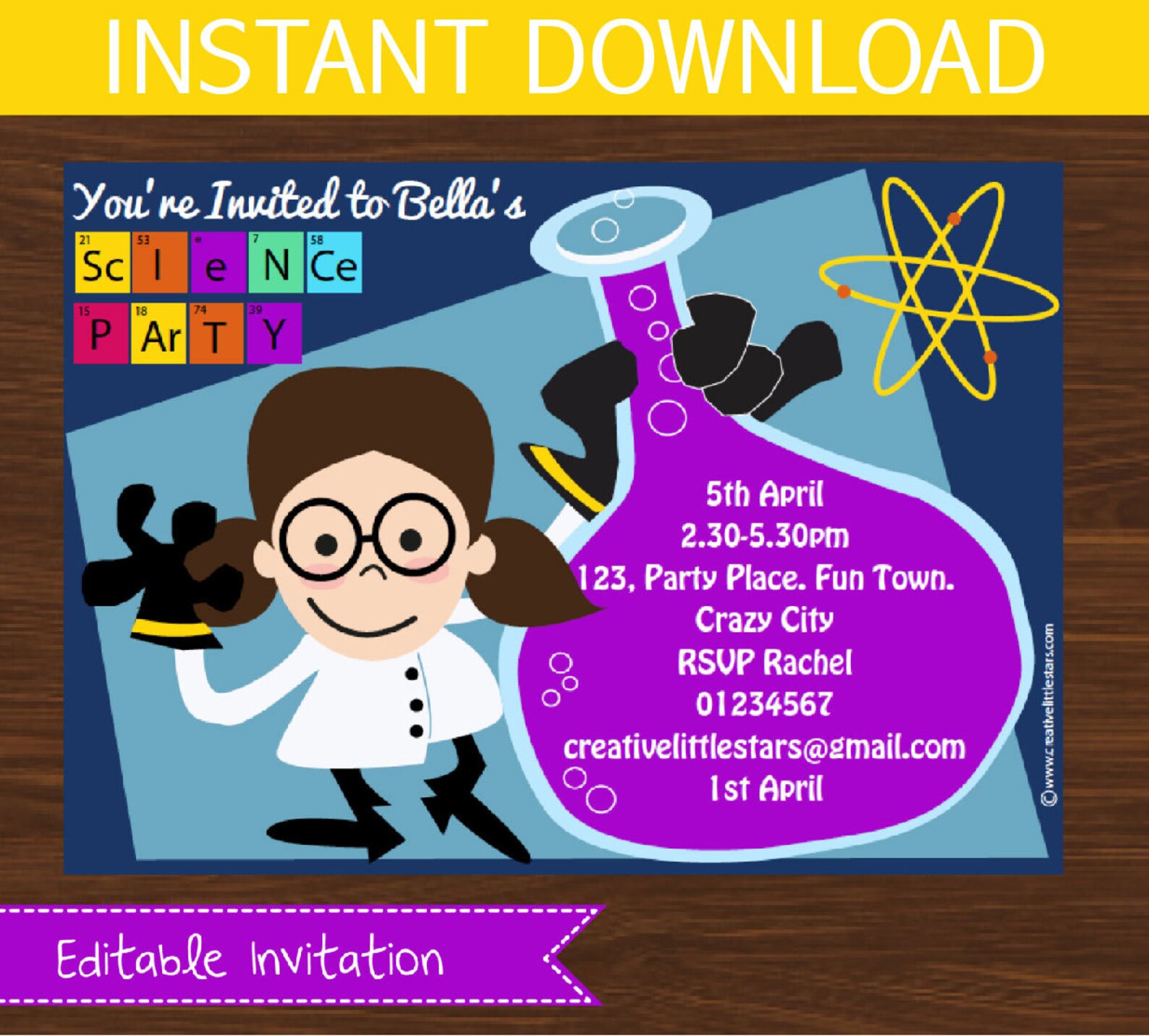 science-invitation-diy-printable-instant-download-girl-etsy