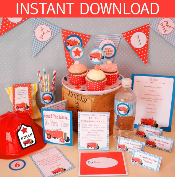 Fire Truck Birthday Party Printable Kit INSTANT DOWNLOAD BONUS