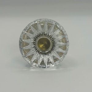 Vintage Starburst Glass Cabinet Knob with Brass Center | Clear Cut Glass Drawer Pull | 1930s–40s Antique Hardware