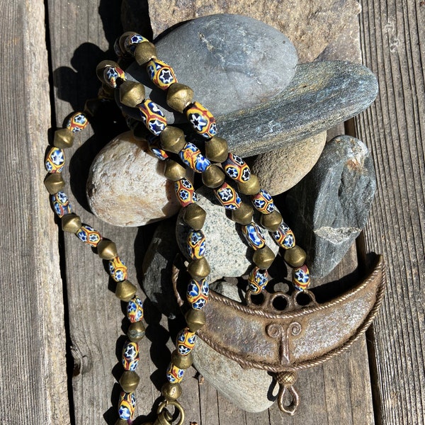Vintage -Antique African Trade Bead Necklace KIng Brass Bell Skunk Wound Venetian Glass Tabular  Brass Akan Ashanti Ghana African Millifiori