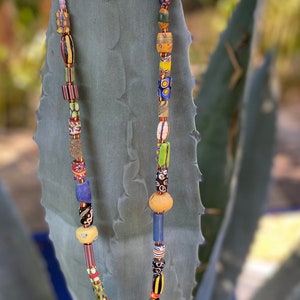 Vintage -Antique African Trade Bead Necklace KIng Brass Bell Skunk Wound Venetian Glass Tabular  Brass Akan Ashanti Ghana African Millifiori