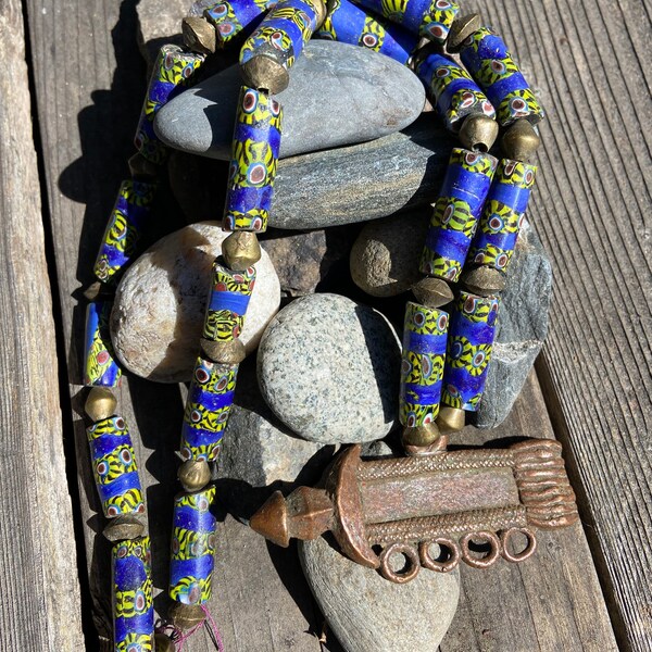Vintage -Antique African Trade Bead Necklace KIng Brass Bell Skunk Wound Venetian Glass Tabular  Brass Akan Ashanti Ghana African Millifiori