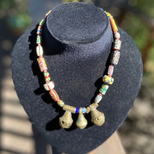 Vintage -Antique African Trade Bead Necklace KIng Brass Bell Skunk Wound Venetian Glass Tabular  Brass Akan Ashanti Ghana African Millifiori