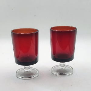 Vintage Luminarc Ruby Red Shot Glasses Set of 2 • Ombre Red to Clear Stem • French Glass Barware