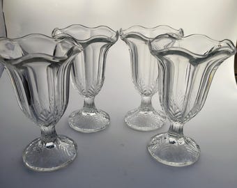 Leaf-Pattern Parfait Glasses - Set of 4 - Mid-Century Pressed Glass