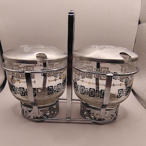 Vintage Libbey Glass Condiment Server • Mid Century Set with Silver Lids & Metal Caddy