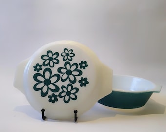 Vintage 1970 JAJ Pyrex 2001 Kasserolle • Petrol Flower Power Deckelschüssel • Made in England