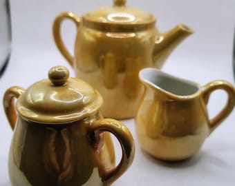 Vintage Mini Gold Lusterware Tea Set Japan • Tiny Decorative Teapot Set • 3 Piece Creamer Sugar Bowl Cottagecore Display