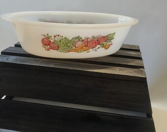 Vintage Glasbake Milk Glass 1 Qt Casserole Dish • Vegetable Theme Oval Baking Bowl • Retro Kitchen Bakeware