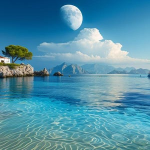May include: A serene coastal scene with a sailboat on the water under a bright blue sky. A crescent moon hangs above fluffy white clouds. A small white house sits on a rocky outcropping with green trees.