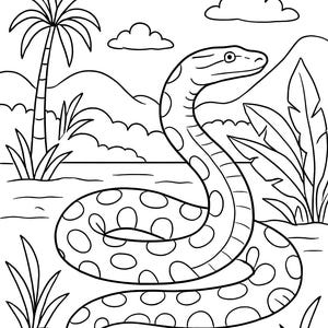 May include: Black and white illustration of an anaconda snake with the word "ANACONDA" above it. The snake is coiled with a dotted pattern. The background includes a palm tree, clouds, and mountains.