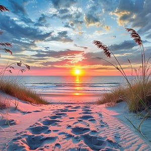 May include: A scenic beach sunset with a path of footprints leading to the ocean. The sky is a mix of blue, orange, and pink hues, with tall grasses framing the view. The sun is setting over the water.