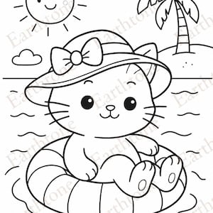 May include: A black and white line art coloring page featuring a cartoon cat wearing a sun hat with a bow, sitting in a striped inflatable pool float on wavy water. The scene includes a smiling sun, clouds, and a palm tree on a small island.