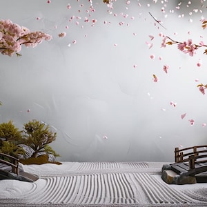 May include: A wall mural featuring a zen garden with white raked sand, two dark wooden arched bridges, green bamboo stalks, small bonsai trees, and overhanging cherry blossom branches with pink flowers scattered against a light gray background.