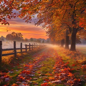 Peut inclure: Un chemin de terre recouvert de feuilles d'érable tombées rouges, orange et jaunes s'étend entre une clôture en bois et fil de fer à gauche et une rangée de grands arbres à droite, sous un ciel de coucher de soleil vibrant et une brume matinale.