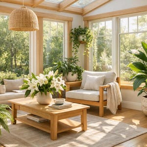 May include: A sunroom featuring light wood furniture, including a coffee table and chairs with beige cushions. A large bouquet of white lilies sits on the table. Potted ferns and a peace lily are placed throughout the room, with a woven pendant light.
