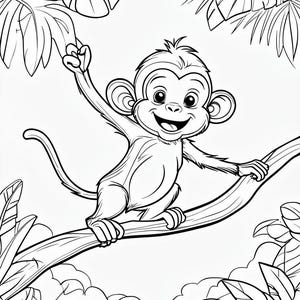 Op de afbeelding: Zwart-wit illustratie van een cartoon aap op een tak, omringd door tropisch gebladerte. De aap lacht en reikt met één arm uit. De afbeelding is een lijntekening.