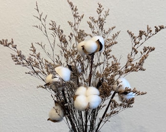 Ramo japonés de flores secas con 7 tallos de algodón | Decoración natural japonesa para el hogar | Arreglo floral minimalista Wabi Sabi | Ramo de caspia