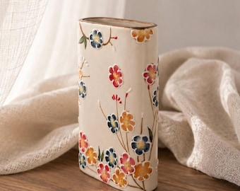 Japan ceramic vase | Hand painted vase | Flat Vase | Cottagecore decor| Art home decor