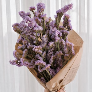 Könnte beinhalten: Ein Strauß getrockneter lavendelfarbener Statice-Blumen, eingewickelt in braunes Kraftpapier. Die Stiele sind gebündelt und mit einer Schnur zusammengebunden. Das Papier ist mit Text bedruckt und kegelförmig um die Blumen gewickelt.