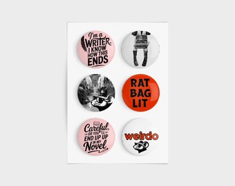 Rat Bag Pinks - Set of 6 - 1-inch Pinback Buttons, Funny Writer Gift, Writer Gift Ideas, Writer Buttons, Writing Pins, Rat Bag Lit