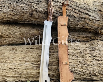 Hand-Forged 27" High Carbon Steel Machete | Rosewood Handle & Leather Sheath | Custom Engraved Gift for Him |