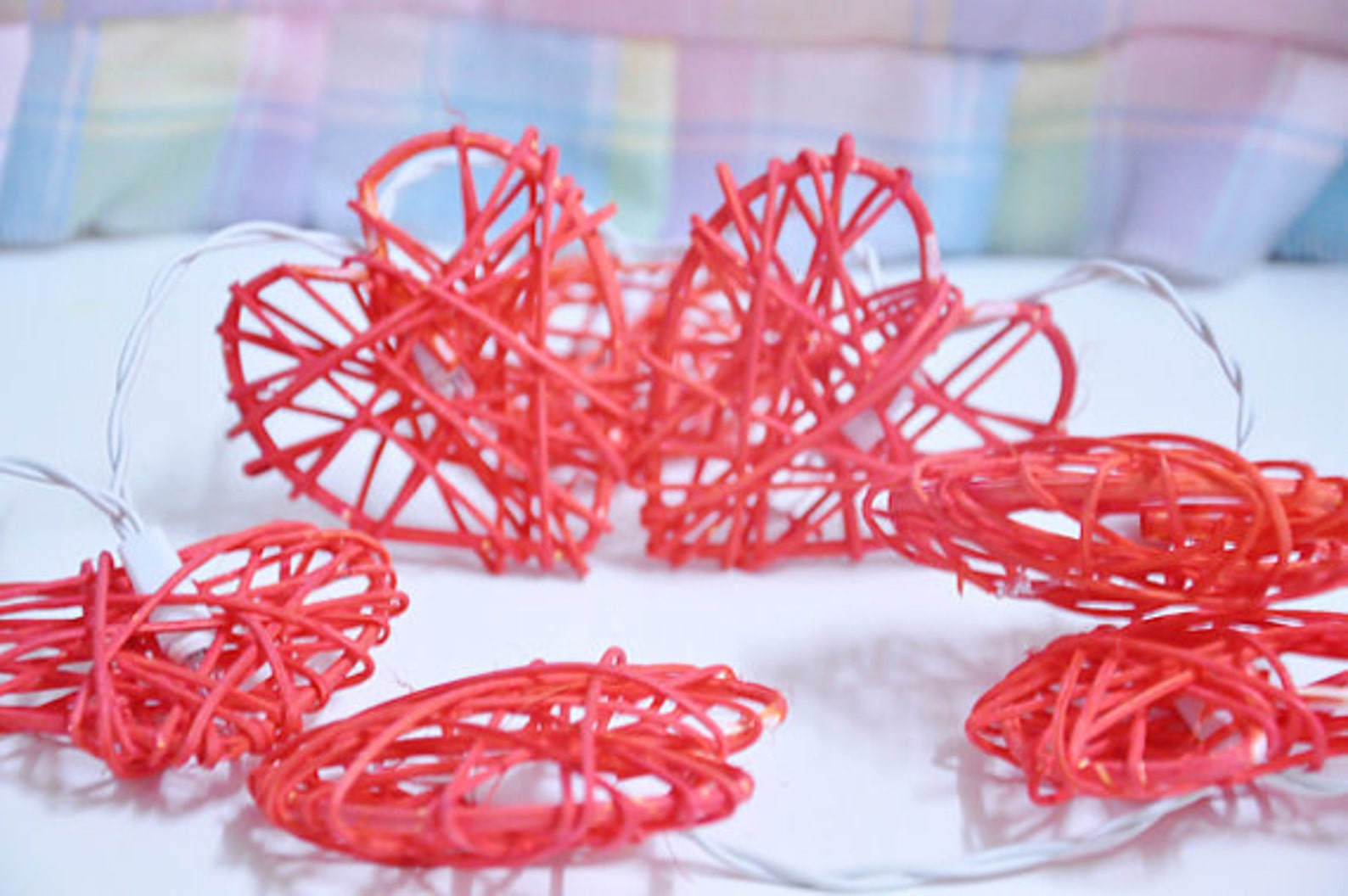 Red Love Valentine Rattan Heart string lights for | Etsy