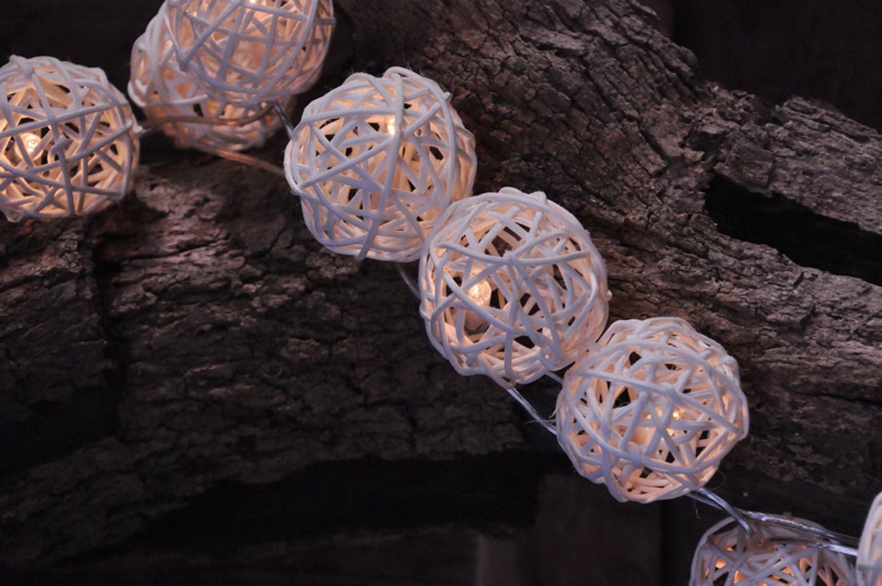 Handmade White Rattan Ball String Lights for Etsy