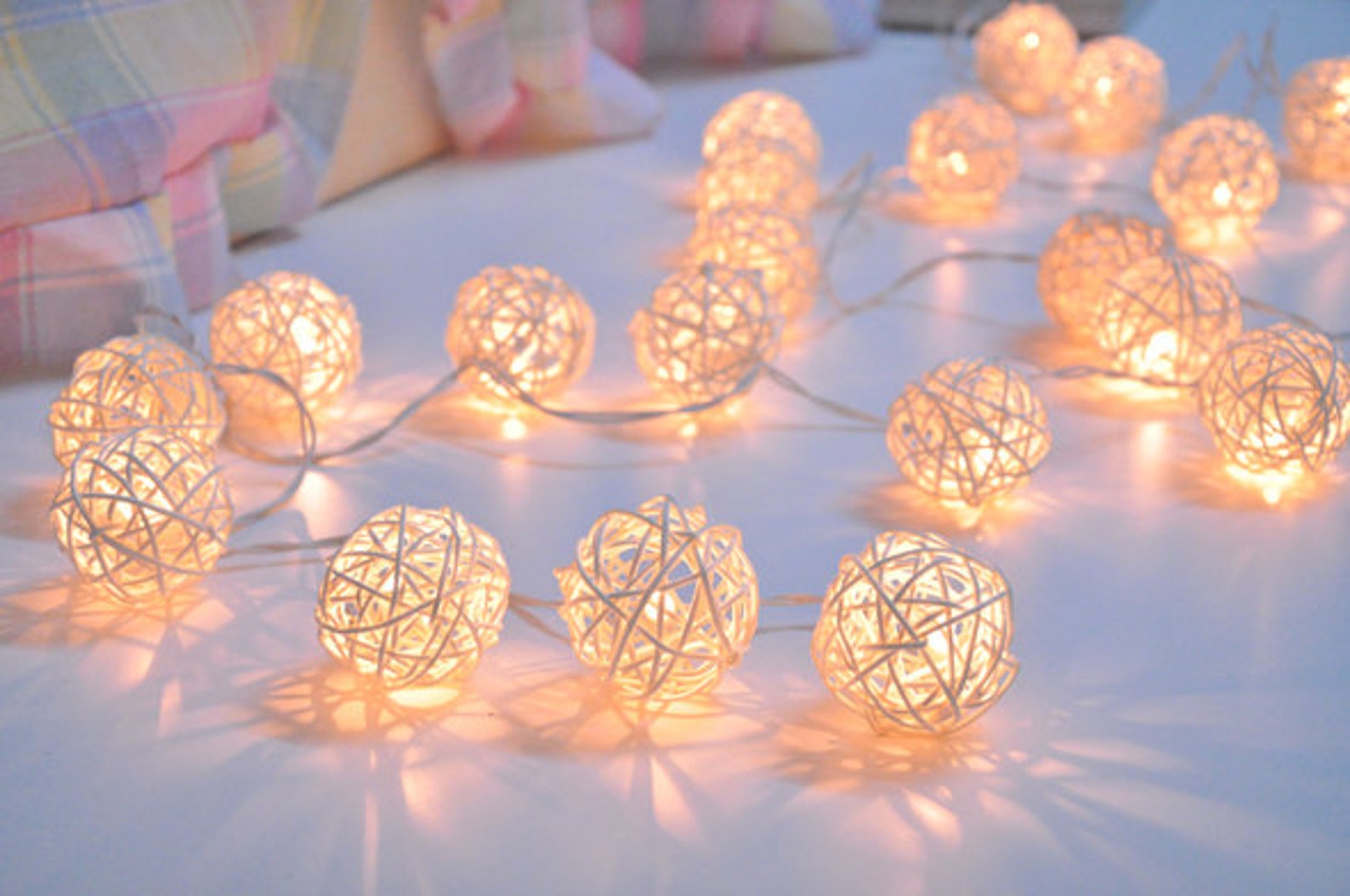 Handmade White Rattan Ball String Lights for Etsy