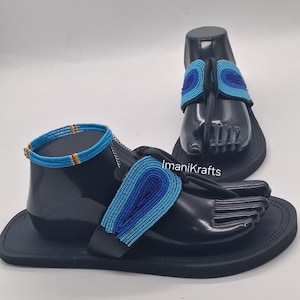 Blue Maasai Beaded Sandals and Anklet Set Handmade Leather Slides Matching Beaded Foot Jewelry