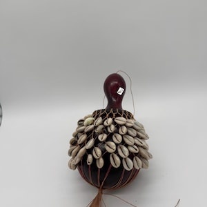 May include: A handcrafted percussion instrument, possibly a shekere, with a dark brown gourd base. It is decorated with numerous white and tan seashells, and a reddish-brown handle. The instrument has a woven net and a tassel.
