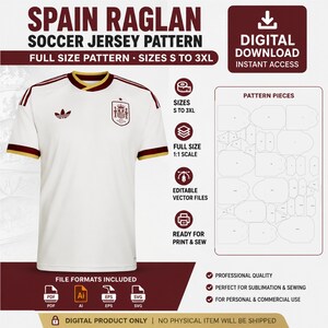 Patrón de costura para camiseta de fútbol raglán de España / Tallas S–3XL / Plantilla PDF EPS AI a tamaño real / Descarga digital de camiseta de fútbol