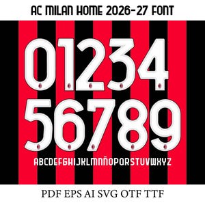 May include: AC Milan home 2026-27 font set featuring white numbers 0-9 with thin black outlines and the AC Milan club crest at the base of each digit, plus the full alphabet in white on a background of vertical red and black stripes. PDF EPS AI SVG OTF TTF.
